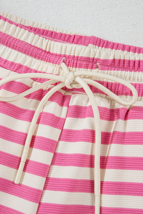 Striped Print Crew Neck T Shirt Drawstring Short Set
