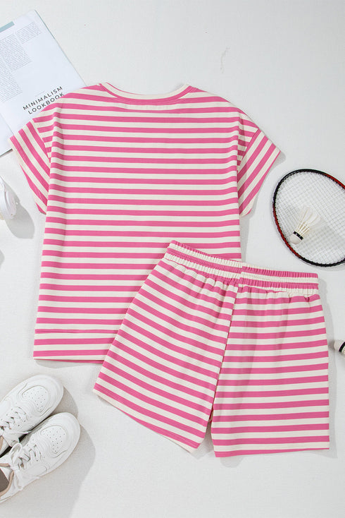 Striped Print Crew Neck T Shirt Drawstring Short Set