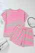 Striped Print Crew Neck T Shirt Drawstring Short Set