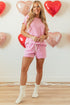 Striped Print Crew Neck T Shirt Drawstring Short Set