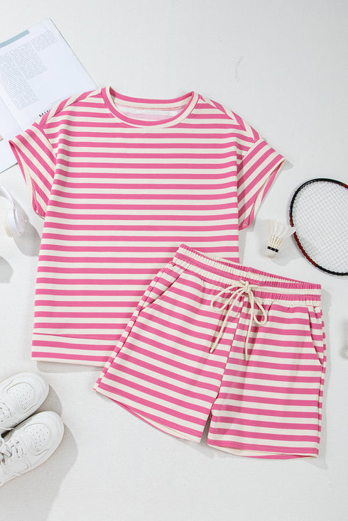 Striped Print Crew Neck T Shirt Drawstring Short Set