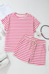 Striped Print Crew Neck T Shirt Drawstring Short Set