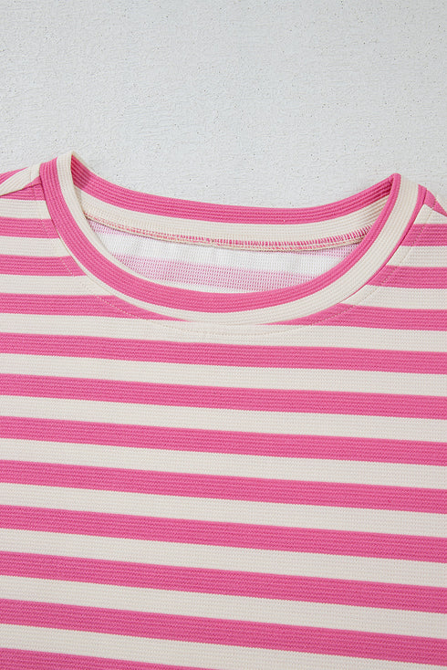 Striped Print Crew Neck T Shirt Drawstring Short Set