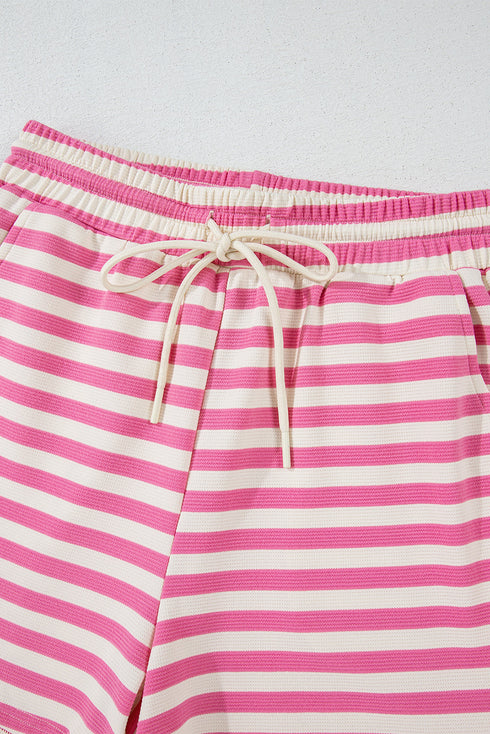 Striped Print Crew Neck T Shirt Drawstring Short Set