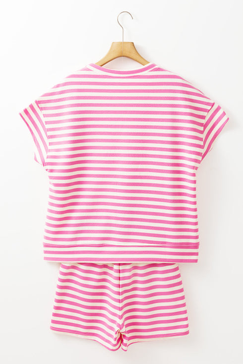 Striped Print Crew Neck T Shirt Drawstring Short Set