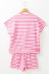 Striped Print Crew Neck T Shirt Drawstring Short Set