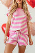 Striped Print Crew Neck T Shirt Drawstring Short Set