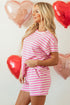 Striped Print Crew Neck T Shirt Drawstring Short Set