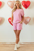Striped Print Crew Neck T Shirt Drawstring Short Set
