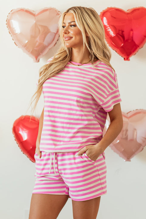Striped Print Crew Neck T Shirt Drawstring Short Set