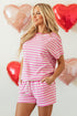 Striped Print Crew Neck T Shirt Drawstring Short Set
