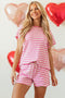 Striped Print Crew Neck T Shirt Drawstring Short Set