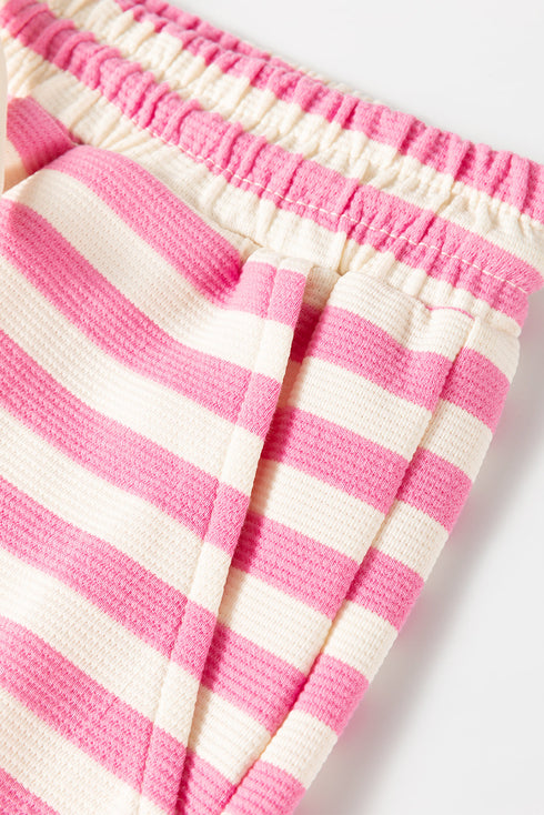 Striped Print Crew Neck T Shirt Drawstring Short Set