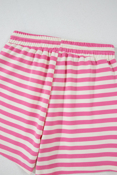 Striped Print Crew Neck T Shirt Drawstring Short Set
