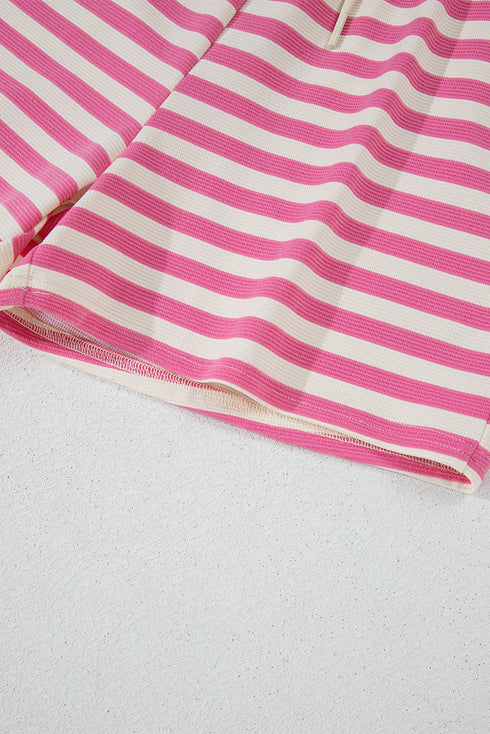 Striped Print Crew Neck T Shirt Drawstring Short Set