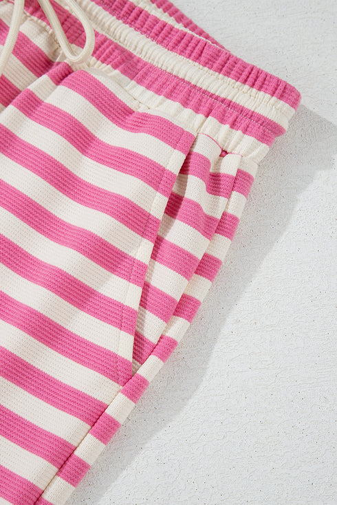 Striped Print Crew Neck T Shirt Drawstring Short Set