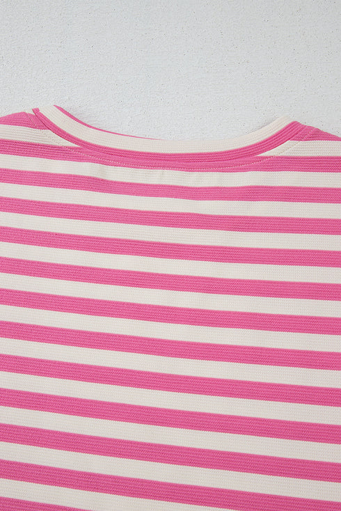 Striped Print Crew Neck T Shirt Drawstring Short Set
