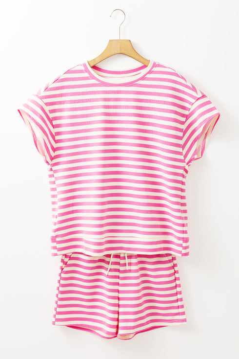 Striped Print Crew Neck T Shirt Drawstring Short Set