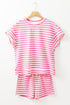 Striped Print Crew Neck T Shirt Drawstring Short Set
