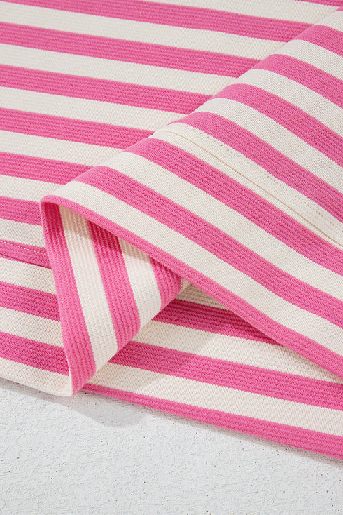 Striped Print Crew Neck T Shirt Drawstring Short Set