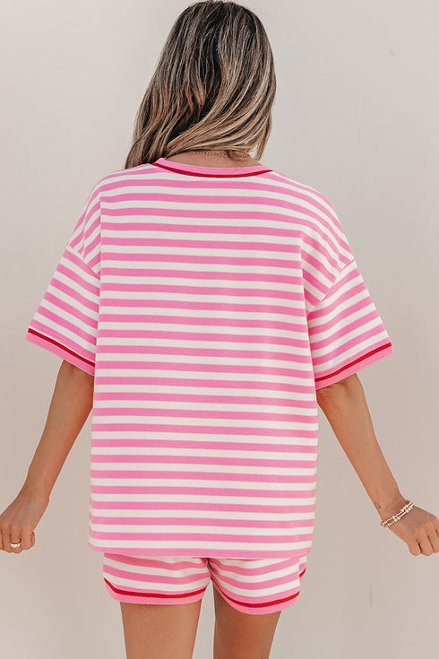 Striped Print Defined Trim Short Sleeve Loose Short Set