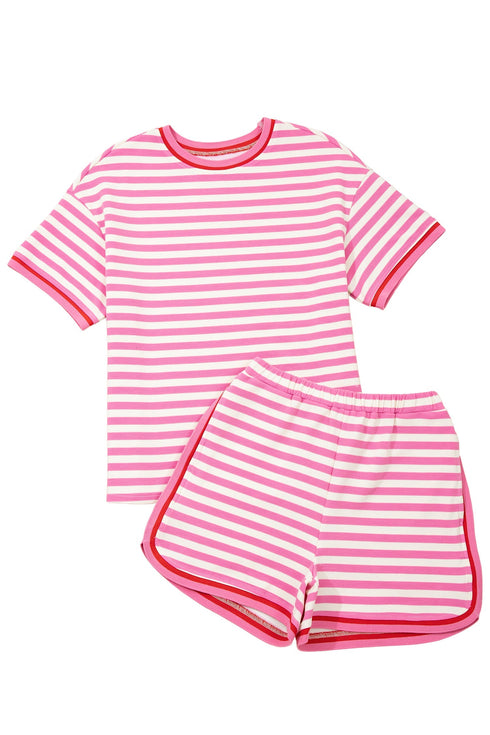 Striped Print Defined Trim Short Sleeve Loose Short Set