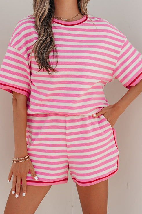 Striped Print Defined Trim Short Sleeve Loose Short Set