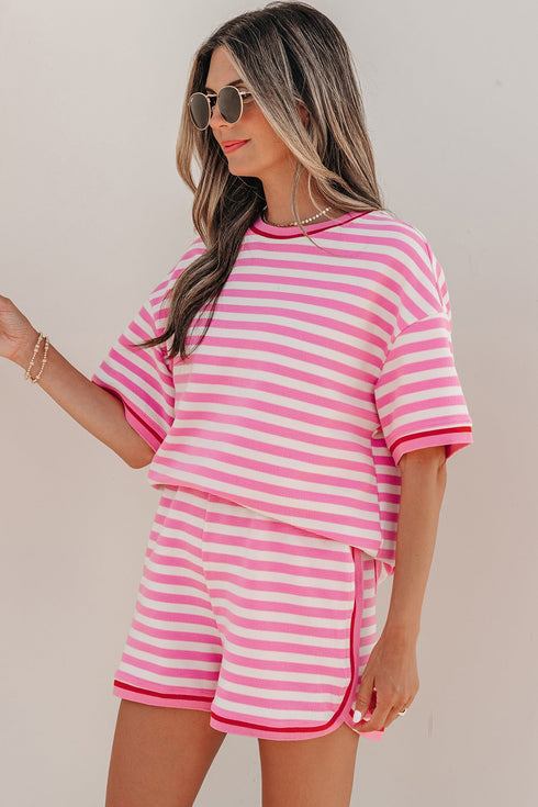 Striped Print Defined Trim Short Sleeve Loose Short Set