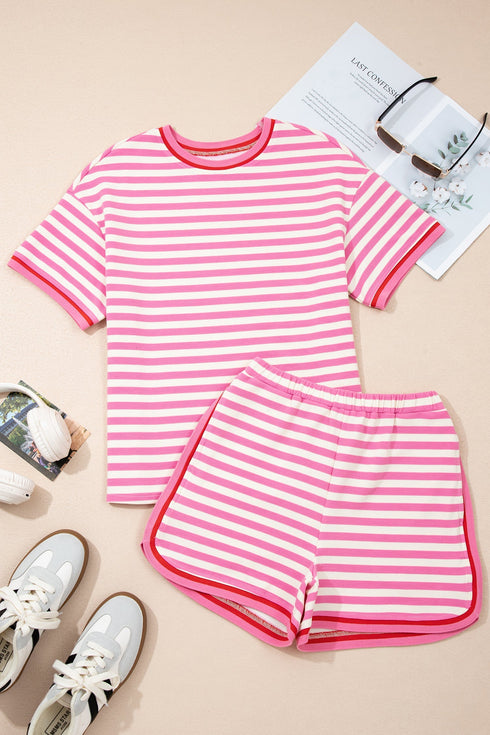 Striped Print Defined Trim Short Sleeve Loose Short Set