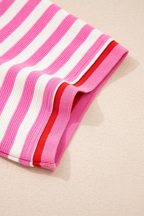 Striped Print Defined Trim Short Sleeve Loose Short Set