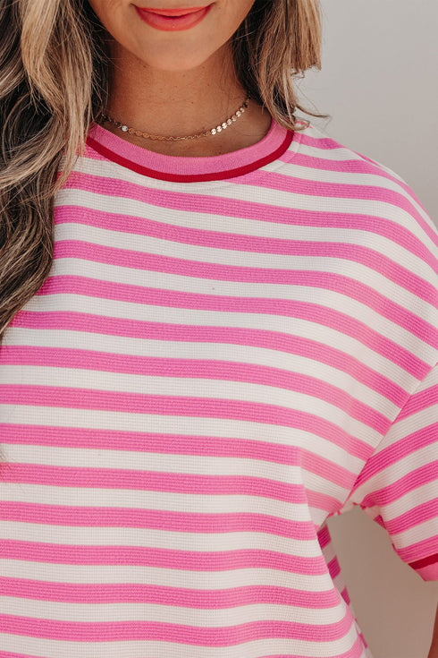 Striped Print Defined Trim Short Sleeve Loose Short Set
