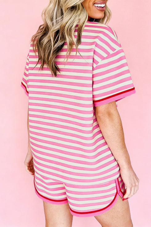 Striped Print Defined Trim Short Sleeve Loose Short Set