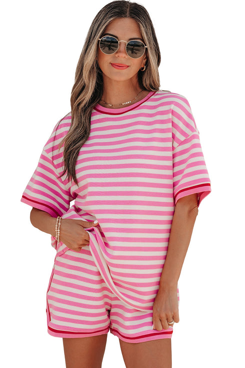 Striped Print Defined Trim Short Sleeve Loose Short Set