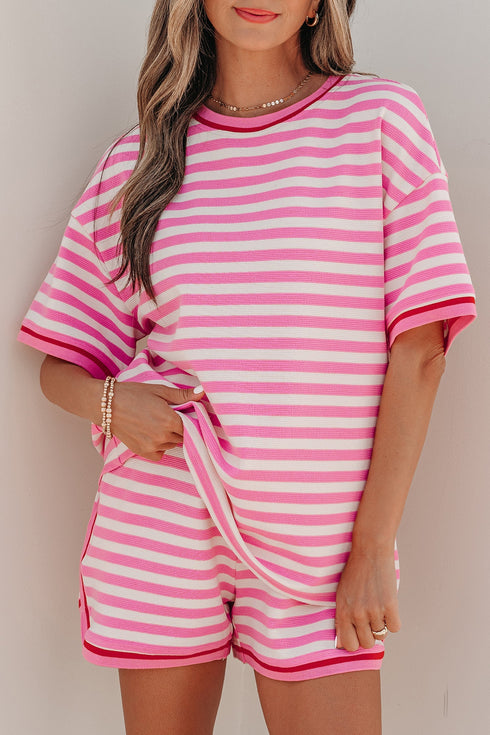 Striped Print Defined Trim Short Sleeve Loose Short Set
