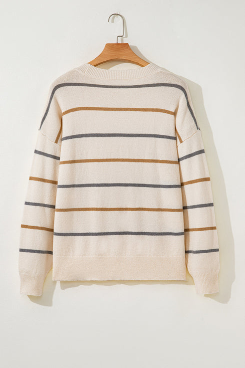 Striped Print Drop Shoulder Casual Knit Sweater