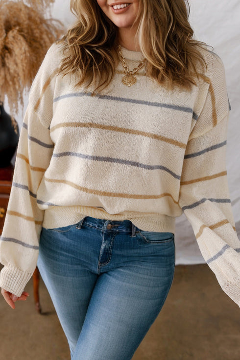 Striped Print Drop Shoulder Casual Knit Sweater