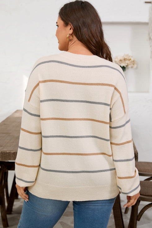 Striped Print Drop Shoulder Casual Knit Sweater