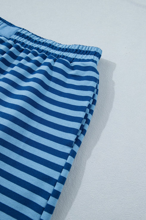 Striped Print Dropped Shoulder Tee Shorts Two Piece Loungewear