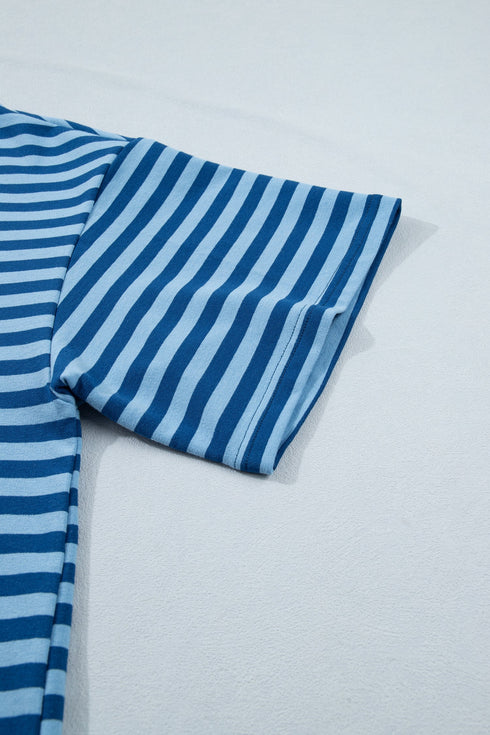 Striped Print Dropped Shoulder Tee Shorts Two Piece Loungewear