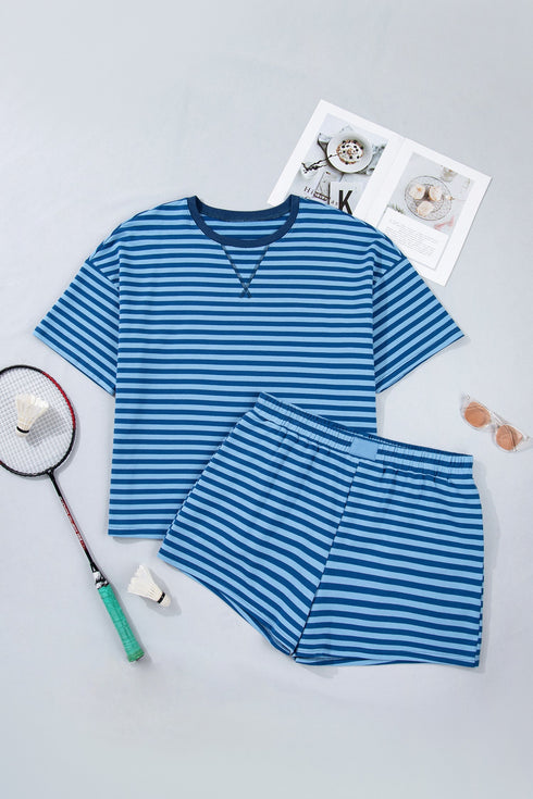 Striped Print Dropped Shoulder Tee Shorts Two Piece Loungewear