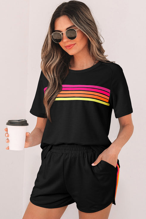 Striped Print Front Patch Pocket Casual Knit Tee