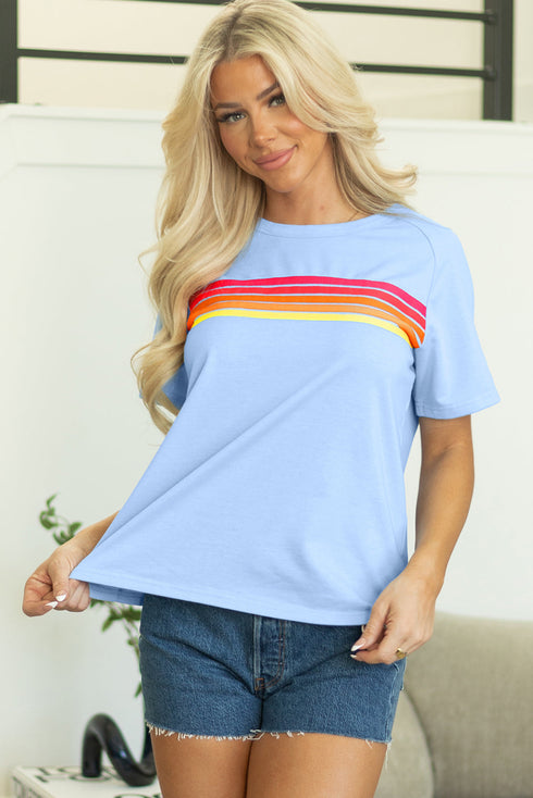 Striped Print Front Patch Pocket Casual Knit Tee