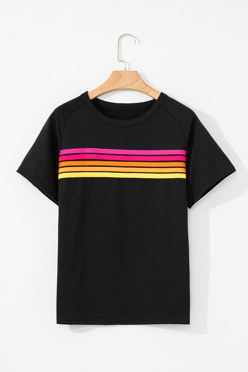 Striped Print Front Patch Pocket Casual Knit Tee