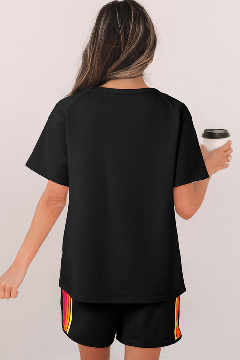 Striped Print Front Patch Pocket Casual Knit Tee