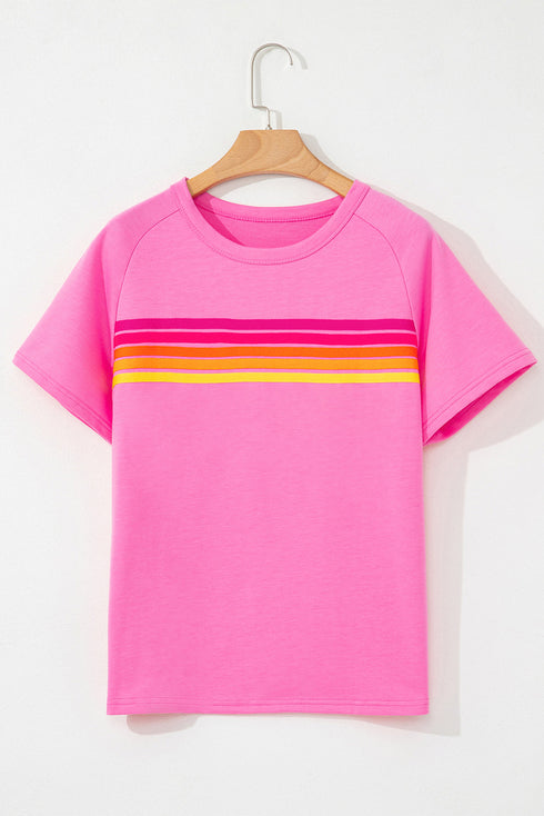 Striped Print Front Patch Pocket Casual Knit Tee