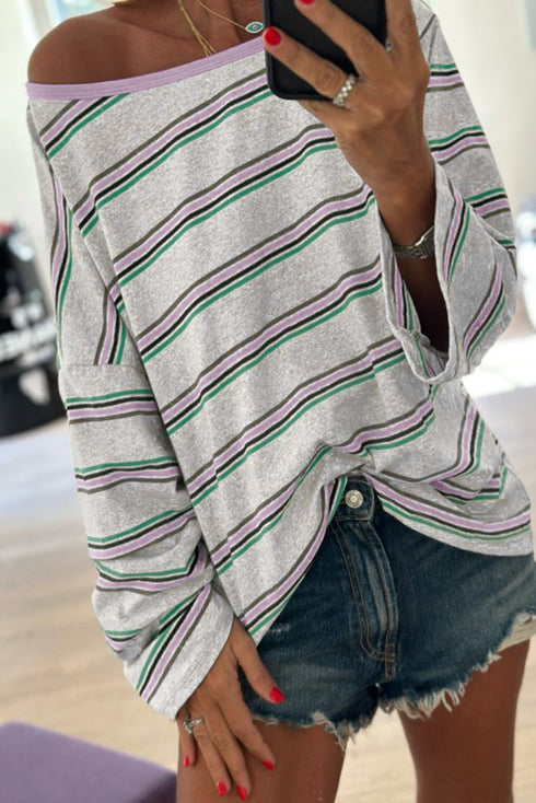 Striped Print Oversized Drop Shoulder Long Sleeve Top