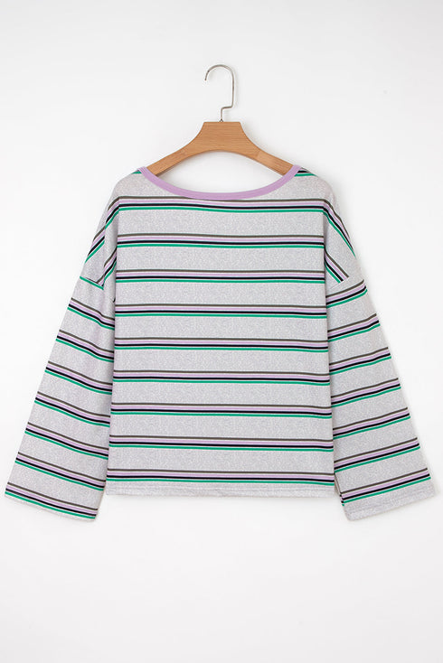 Striped Print Oversized Drop Shoulder Long Sleeve Top
