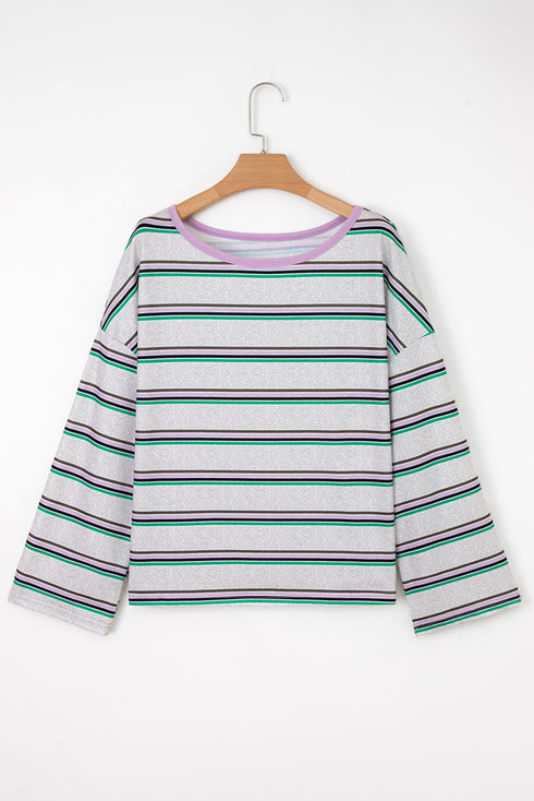 Striped Print Oversized Drop Shoulder Long Sleeve Top