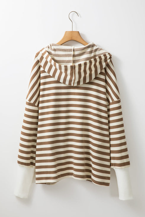 Striped Print Quarter Button Drop Sleeve Hoodie