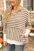 Striped Print Quarter Button Drop Sleeve Hoodie